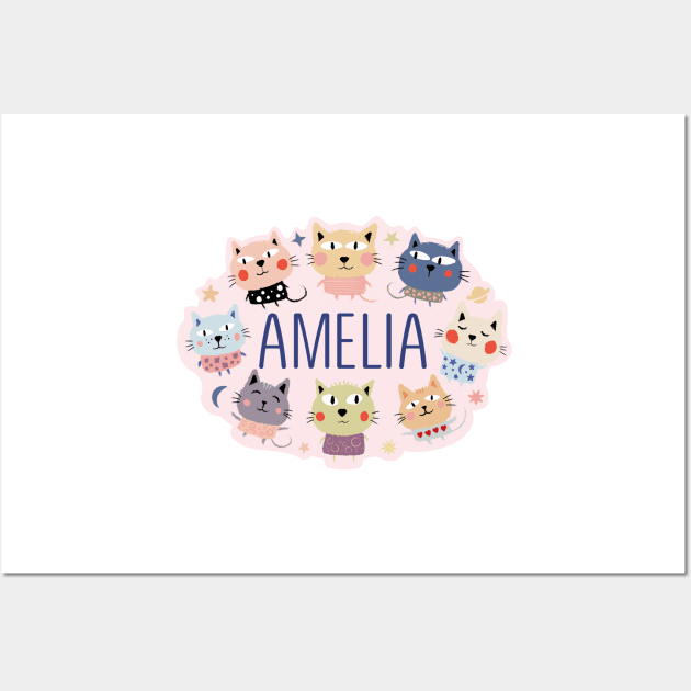 Amelia name with cartoon cats Wall Art by WildMeART
